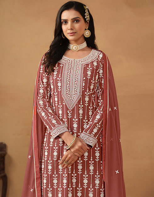 elegant sanguine brown faux georgette heavy designer wedding wear georgette salwar suit with sanguine brown faux georgette df-176-7604 Front View