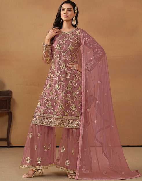 fashionable ruddy pink net heavy designer wedding wear net salwar suit with ruddy pink net df-177-7701 Close-up View