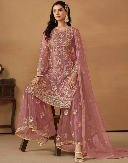fashionable ruddy pink net heavy designer wedding wear net salwar suit with ruddy pink net df-177-7701 Back View