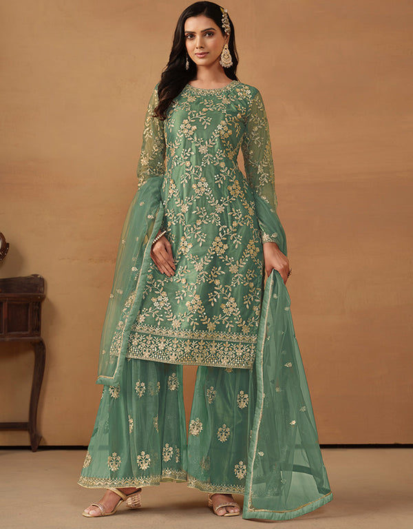 sleek lunar green net heavy designer wedding wear net salwar suit with lunar green net df-177-7702 Front View