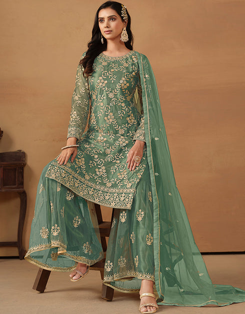 sleek lunar green net heavy designer wedding wear net salwar suit with lunar green net df-177-7702 Back View
