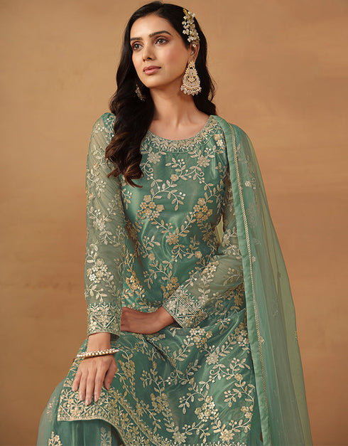 sleek lunar green net heavy designer wedding wear net salwar suit with lunar green net df-177-7702 Front View