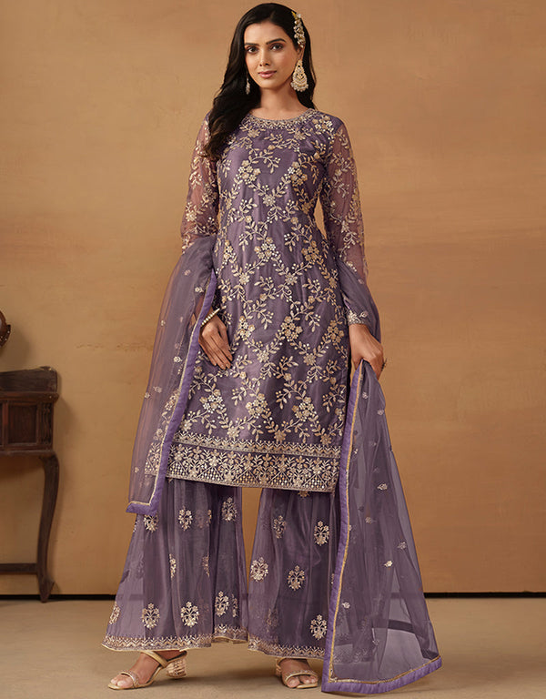 modern old lavender net heavy designer wedding wear net salwar suit with old lavender net df-177-7703 Front View