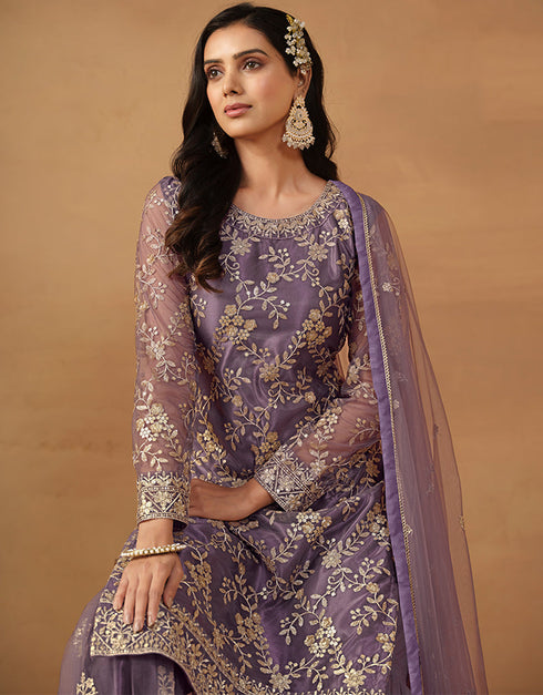 modern old lavender net heavy designer wedding wear net salwar suit with old lavender net df-177-7703 Front View