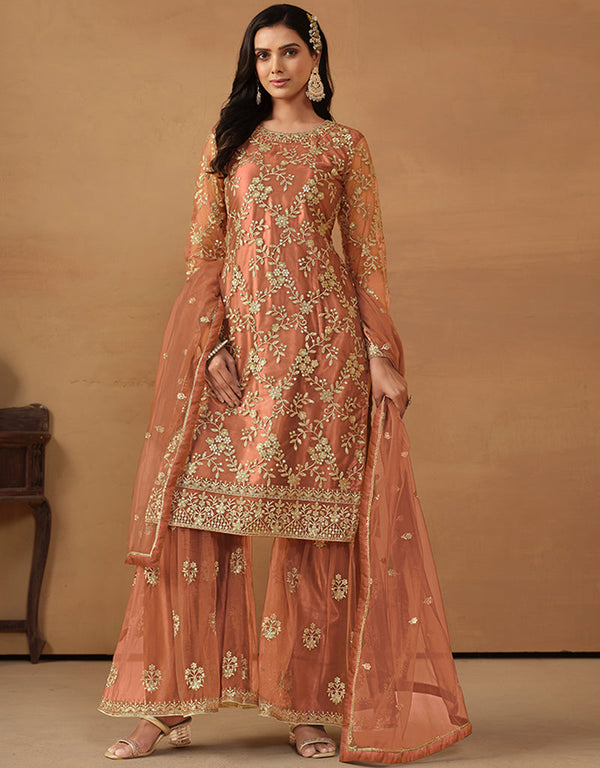sophisticated clay brown net heavy designer wedding wear net salwar suit with clay brown net df-177-7704 Front View