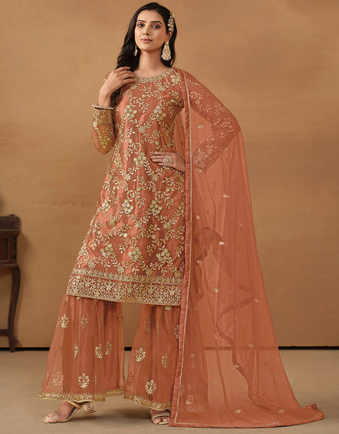 sophisticated clay brown net heavy designer wedding wear net salwar suit with clay brown net df-177-7704 Close-up View