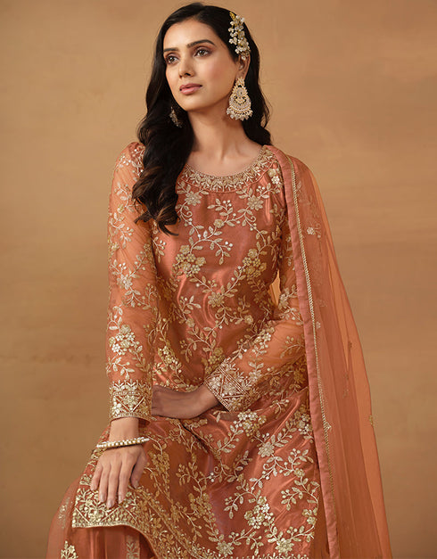 sophisticated clay brown net heavy designer wedding wear net salwar suit with clay brown net df-177-7704 Front View
