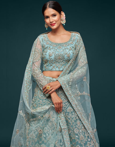 Ocean Aqua Soft Net Lehenga Choli Back View