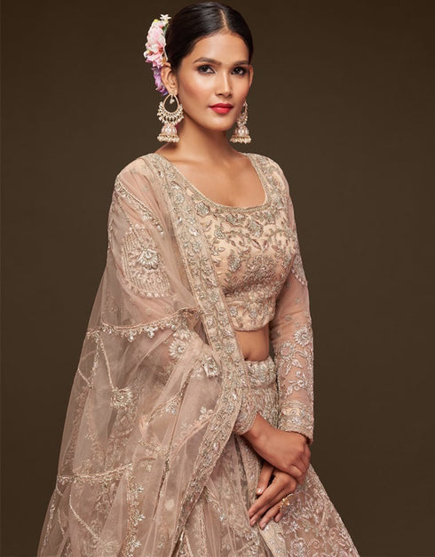 Royal Beige Soft Net Lehenga Choli Closure View