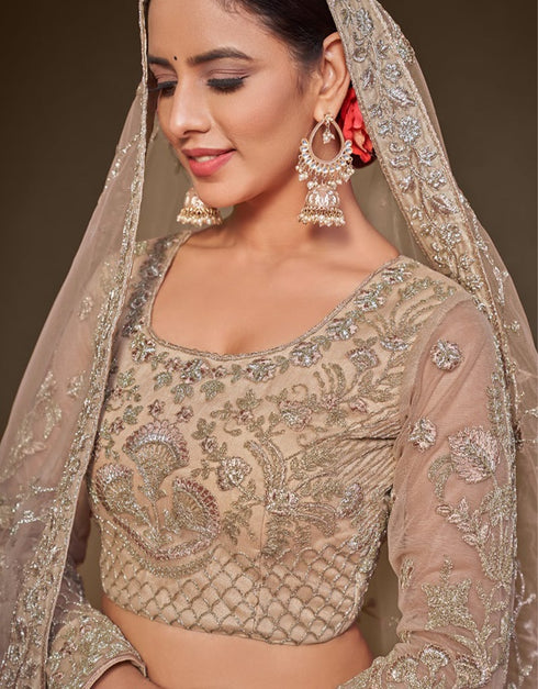 Royal Beige Soft Net Lehenga Choli Closure View