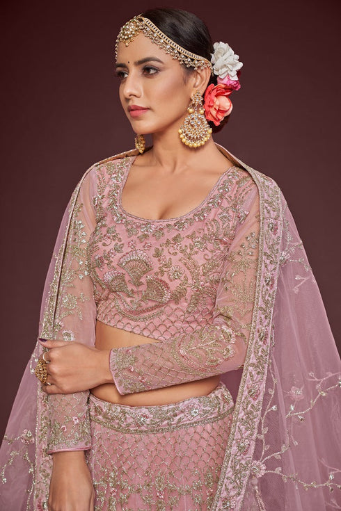Pearl Pink Soft Net Lehenga Choli Back View