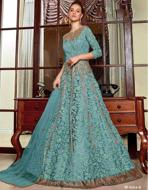 Turquoise Anarkali style Dress Net And Sequins