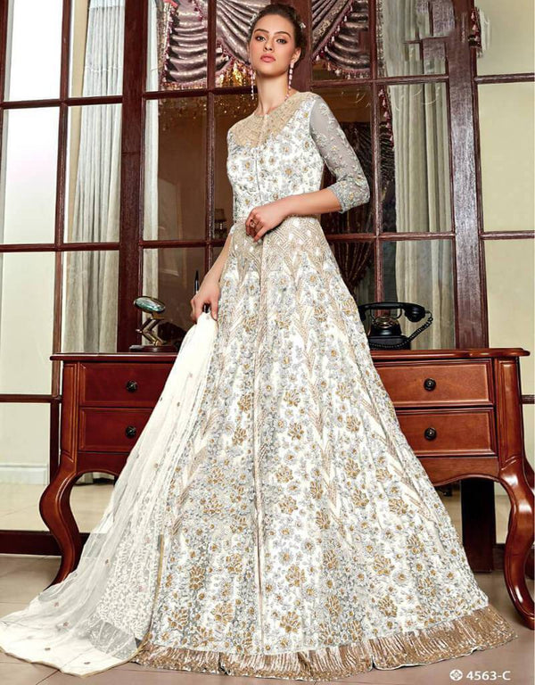 White Anarkali style Dress Net And Sequins