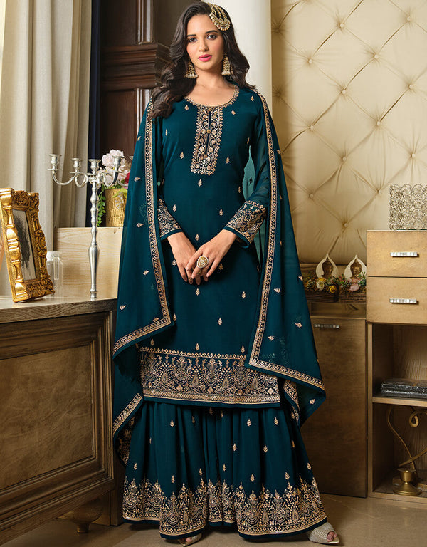 Teal Sharara style Suit Semi-Stitched Suits Salwar Kameez in Embroidery, Sequins & Lace Work