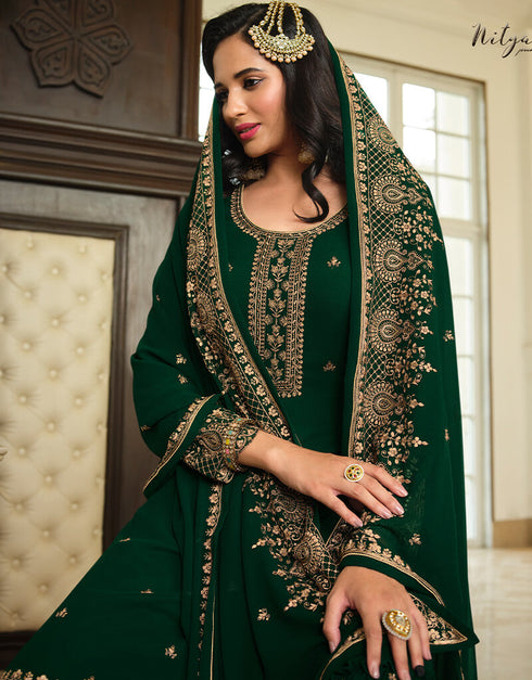 Green Sharara style Suit Semi-Stitched Suits Salwar Kameez in Embroidery, Sequins & Lace Work Closure View