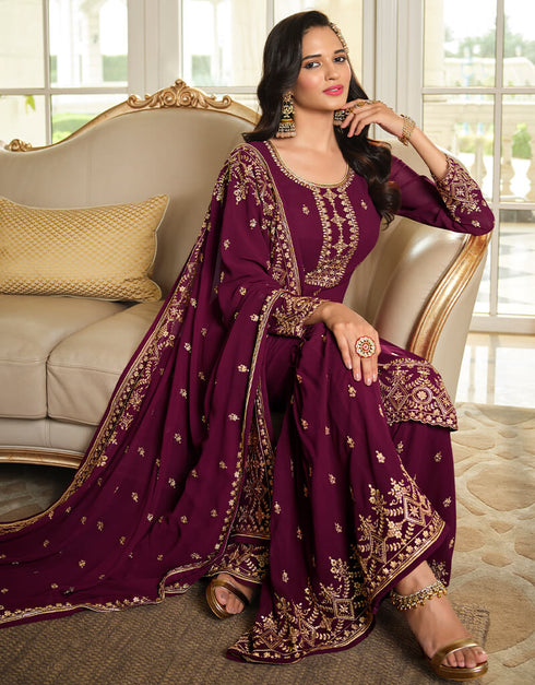 Magenta Sharara style Suit Semi-Stitched Suits Salwar Kameez in Embroidery, Sequins & Lace Work Closure View Embroidery