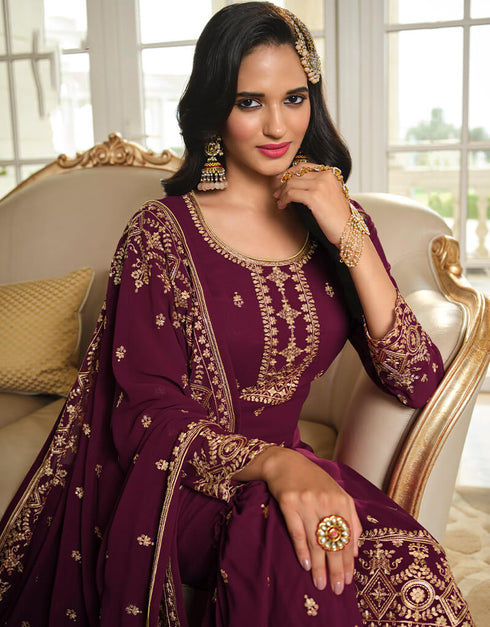 Magenta Sharara style Suit Semi-Stitched Suits Salwar Kameez in Embroidery, Sequins & Lace Work Closure View