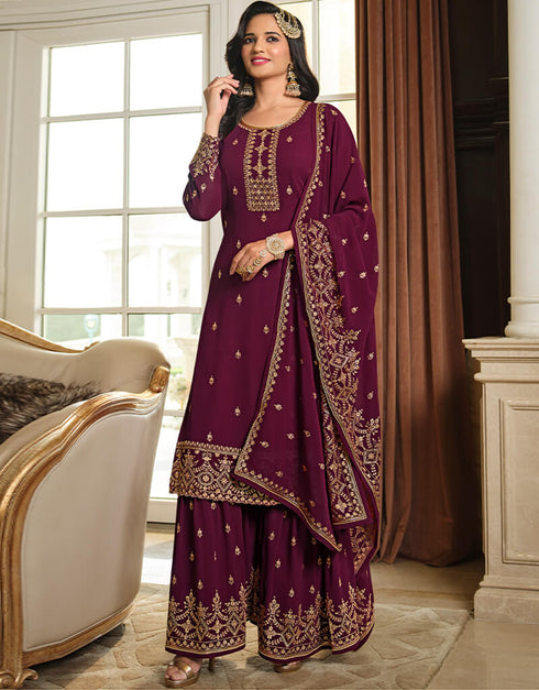 Magenta Sharara style Suit Semi-Stitched Suits Salwar Kameez in Embroidery, Sequins & Lace Work