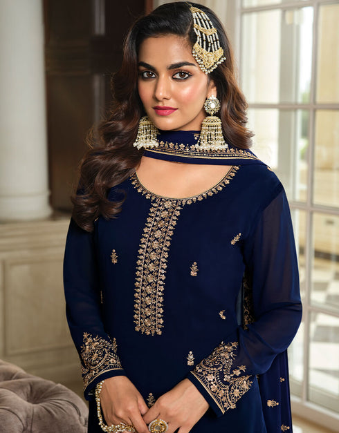 Navy Blue Sharara style Suit Semi-Stitched Suits Salwar Kameez in Embroidery, Sequins & Lace Work Closure View Embroidery Back side View