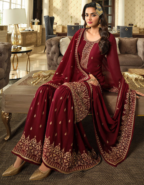 Red Sharara style Suit Semi-Stitched Suits Salwar Kameez in Embroidery, Sequins & Lace Work Closure View
