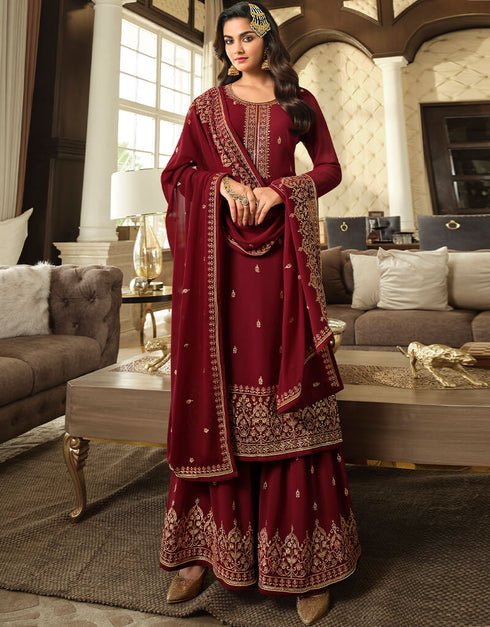 Red Sharara style Suit Semi-Stitched Suits Salwar Kameez in Embroidery, Sequins & Lace Work