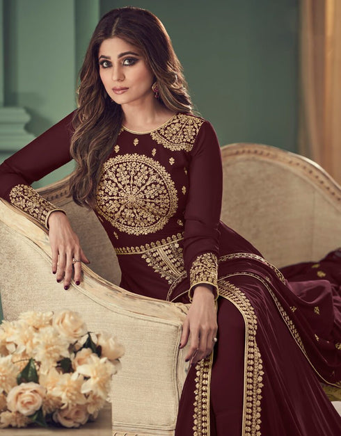 Brown Anarkali style Suits Real Georgette Salwar Kameez in Embroidery, Stone and Lace Work Closure View