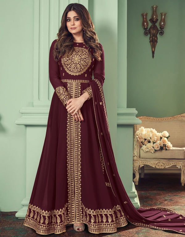Brown Anarkali style Suits Real Georgette Salwar Kameez in Embroidery, Stone and Lace Work