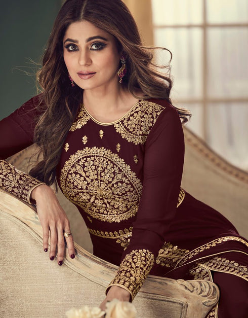 Brown Anarkali style Suits Real Georgette Salwar Kameez in Embroidery, Stone and Lace Work Closure View Embroidery Back side View