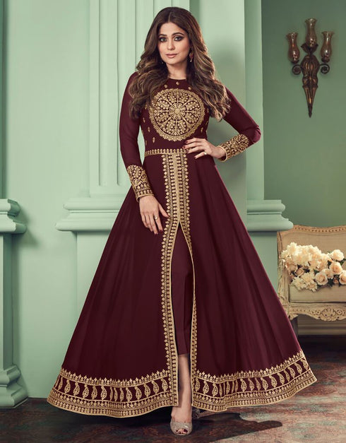 Brown Anarkali style Suits Real Georgette Salwar Kameez in Embroidery, Stone and Lace Work Closure View Embroidery