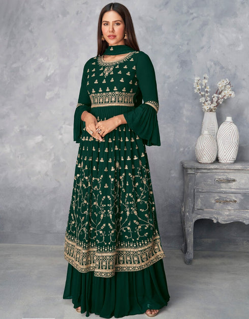 Classic Green Palazzo style Dress Real Georgette Salwar Kameez in Sequins Embroidery & Lace Work