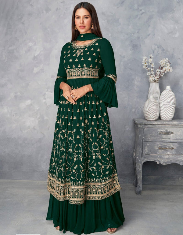 Classic Green Palazzo style Dress Real Georgette Salwar Kameez in Sequins Embroidery & Lace Work
