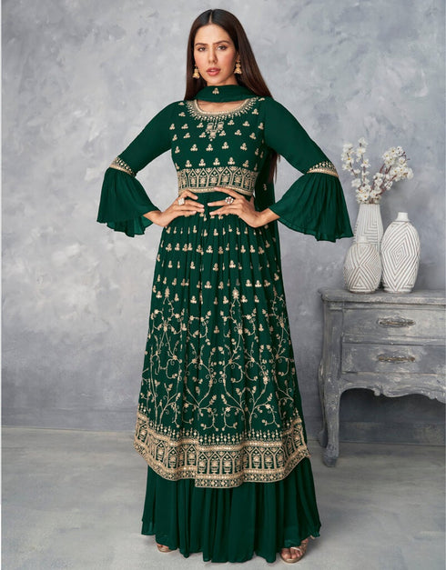 Classic Green Palazzo style Dress Real Georgette Salwar Kameez in Sequins Embroidery & Lace Work Closure View Embroidery