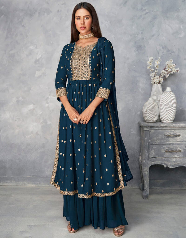 Blue Palazzo style Dress Real Georgette Salwar Kameez in Sequins Embroidery & Lace Work