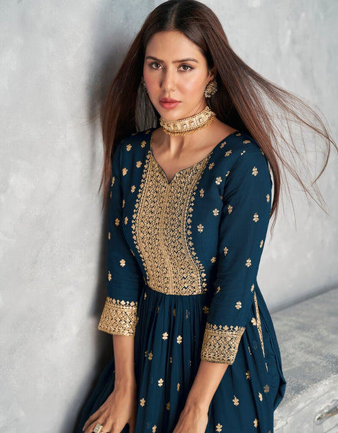 Blue Palazzo style Dress Real Georgette Salwar Kameez in Sequins Embroidery & Lace Work Closure View Embroidery Back side View