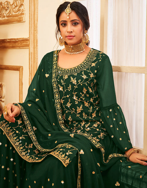 Green Lehenga style Suit Faux Georgette Salwar Kameez in Embroidery, Glitter Sequins & Lace Work Closure View