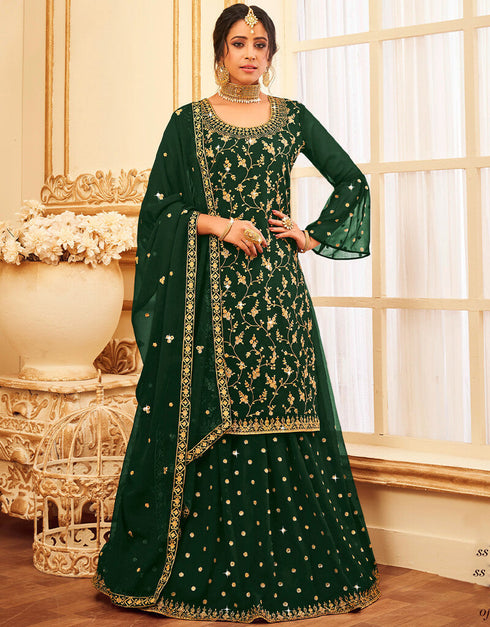 Green Lehenga style Suit Faux Georgette Salwar Kameez in Embroidery, Glitter Sequins & Lace Work