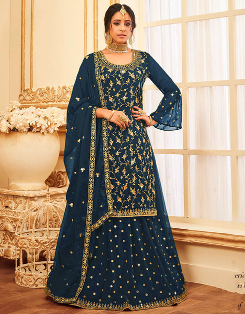 Blue Lehenga style Suit Faux Georgette Salwar Kameez in Embroidery, Glitter Sequins & Lace Work