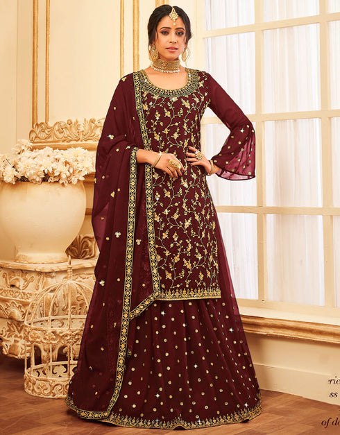 Maroon Lehenga style Suit Faux Georgette Salwar Kameez in Embroidery, Glitter Sequins & Lace Work