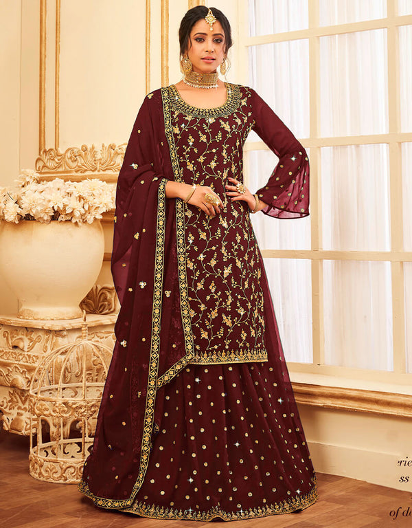 Maroon Lehenga style Suit Faux Georgette Salwar Kameez in Embroidery, Glitter Sequins & Lace Work