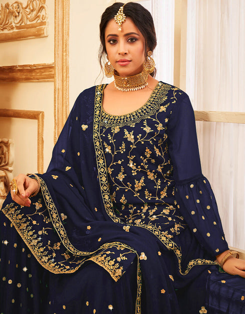 Navy Blue Lehenga style Suit Faux Georgette Salwar Kameez in Embroidery, Glitter Sequins & Lace Work Closure View