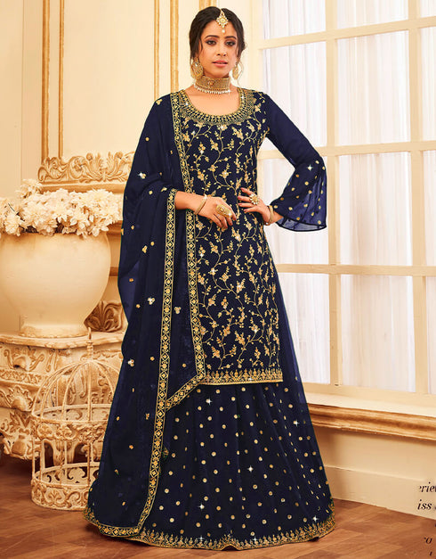 Navy Blue Lehenga style Suit Faux Georgette Salwar Kameez in Embroidery, Glitter Sequins & Lace Work