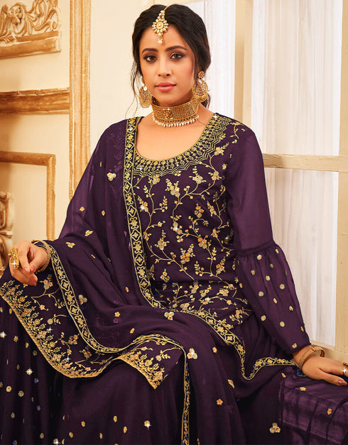 Purple Lehenga style Suit Faux Georgette Salwar Kameez in Embroidery, Glitter Sequins & Lace Work Closure View