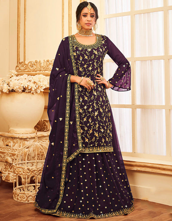 Purple Lehenga style Suit Faux Georgette Salwar Kameez in Embroidery, Glitter Sequins & Lace Work