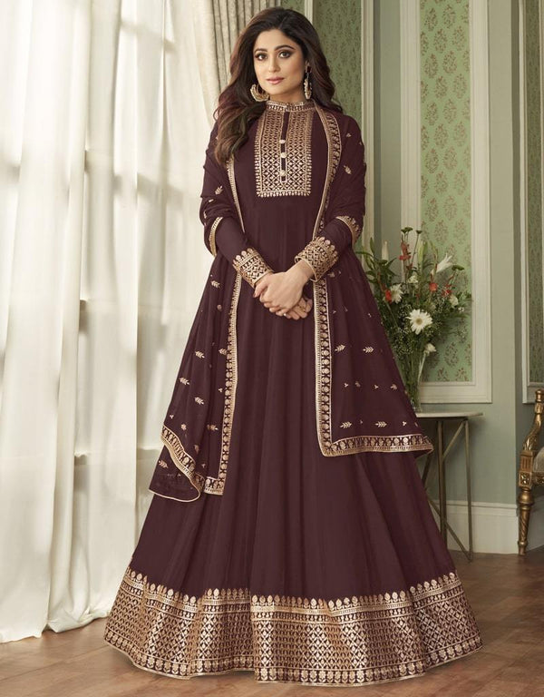 Brown Anarkali style Gown Real Georgette Salwar Kameez in Embroidery, Stone and Lace Work