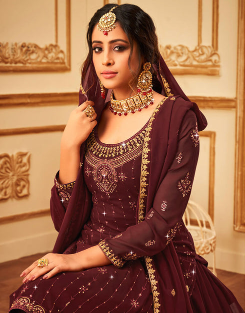Maroon Lehenga style Suit Faux Georgette Salwar Kameez in Heavy Embroidery, Sequins & Lace Work Closure View
