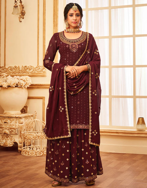 Maroon Lehenga style Suit Faux Georgette Salwar Kameez in Heavy Embroidery, Sequins & Lace Work