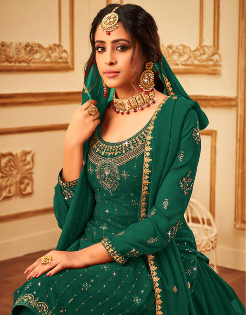 Light Green Lehenga style Suit Faux Georgette Salwar Kameez in Heavy Embroidery, Sequins & Lace Work Closure View