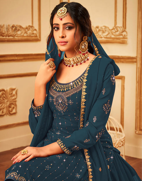 Teal Lehenga style Suit Faux Georgette Salwar Kameez in Heavy Embroidery, Sequins & Lace Work Closure View