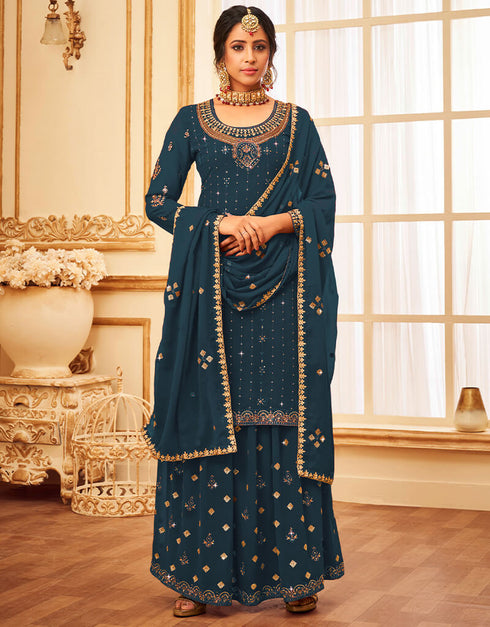 Teal Lehenga style Suit Faux Georgette Salwar Kameez in Heavy Embroidery, Sequins & Lace Work