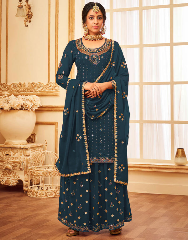 Teal Lehenga style Suit Faux Georgette Salwar Kameez in Heavy Embroidery, Sequins & Lace Work